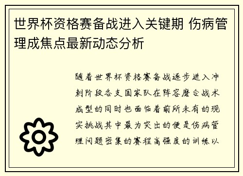 世界杯资格赛备战进入关键期 伤病管理成焦点最新动态分析